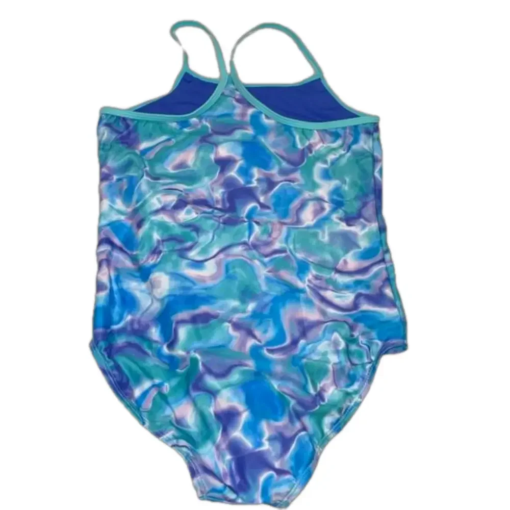 Hurley girls swim one piece. Trimmed in green with swirls of blue/purple. GGG